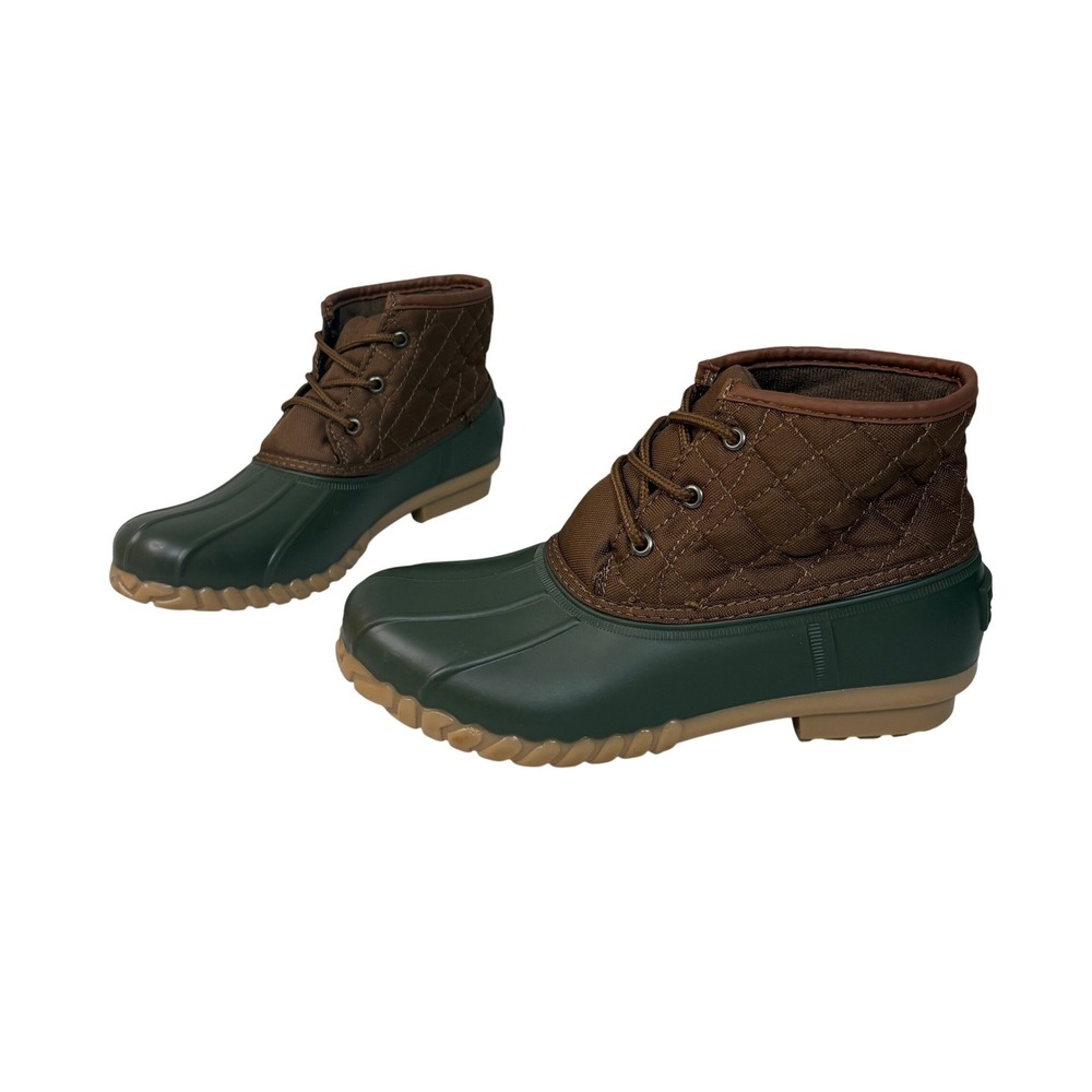 St Johns Bay Denton Duck Boots Size 8 Green Brown Quilted Ankle Waterproof Shoes